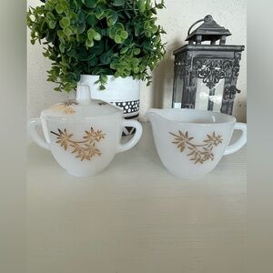 Vintage Federal Glass company Gold leaf pattern milk glass sugar creamer set